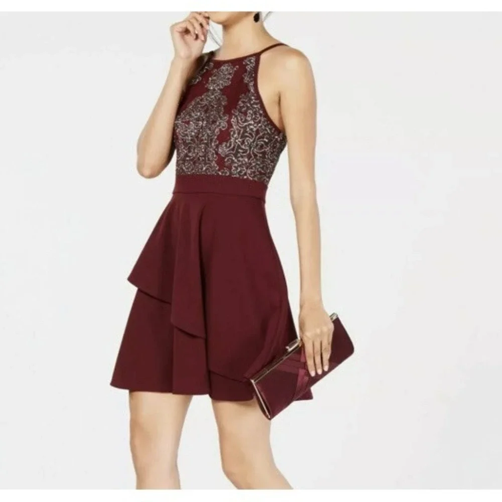 Speechless‎ Kids Formal Dress 13 Red Wine Sleeveless Mini Beaded Party Glitter